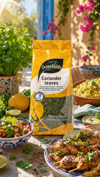 Greenfields dried coriander leaves pack with rice and grilled dishes outdoors