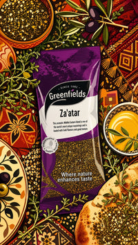 Greenfields za'atar pack with flatbreads on a patterned backdrop