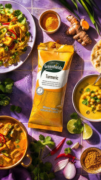 Greenfields turmeric pack with curries and fresh turmeric root