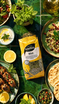 Greenfields dried mint pack with yoghurt dips, kebabs and flatbread