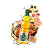 Greenfields pure sesame oil bottle with a bowl of food and sesame seeds