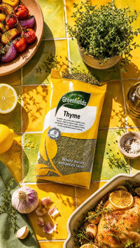 Greenfields dried thyme pack with roast vegetables and fresh thyme
